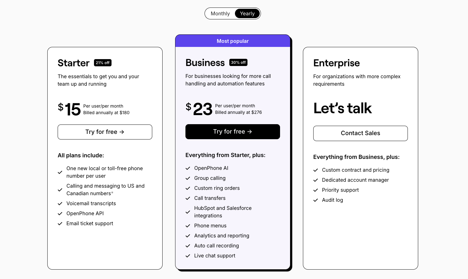 OpenPhone Pricing Screenshot